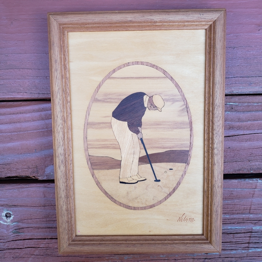 Hudson River Inlay - Golfer Image Made Out Of Different Types Of Wood - Framed